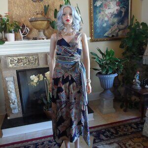 Scalan Theodore 100% Silk Blue Multi Jumpsuit w/Front Wrap Detail Size US 4